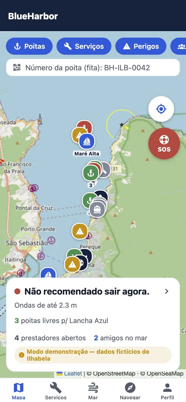 Mapa náutico do app com poitas, serviços e perigos