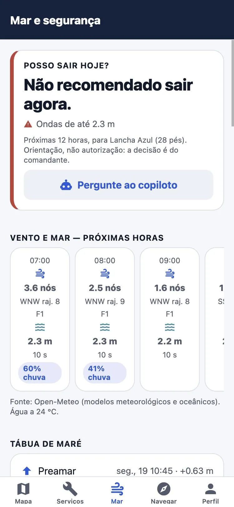Tela Mar e segurança do app com o veredito Posso sair hoje