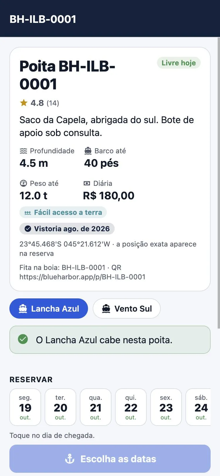 Detalhe de uma poita no app com profundidade, tamanho máximo do barco e diária