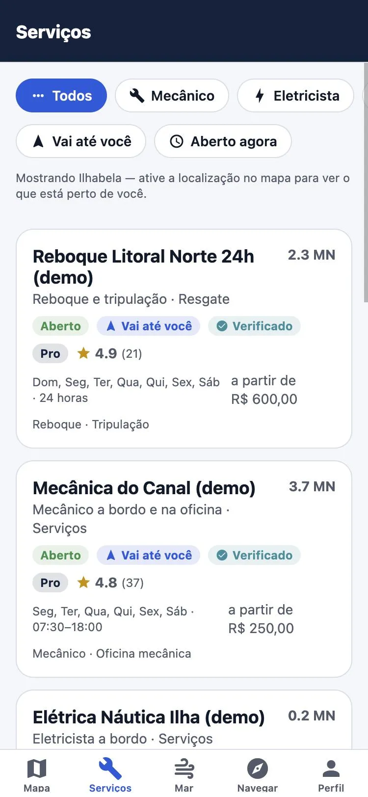 Lista de prestadores no app com nota, horário e selo de verificado