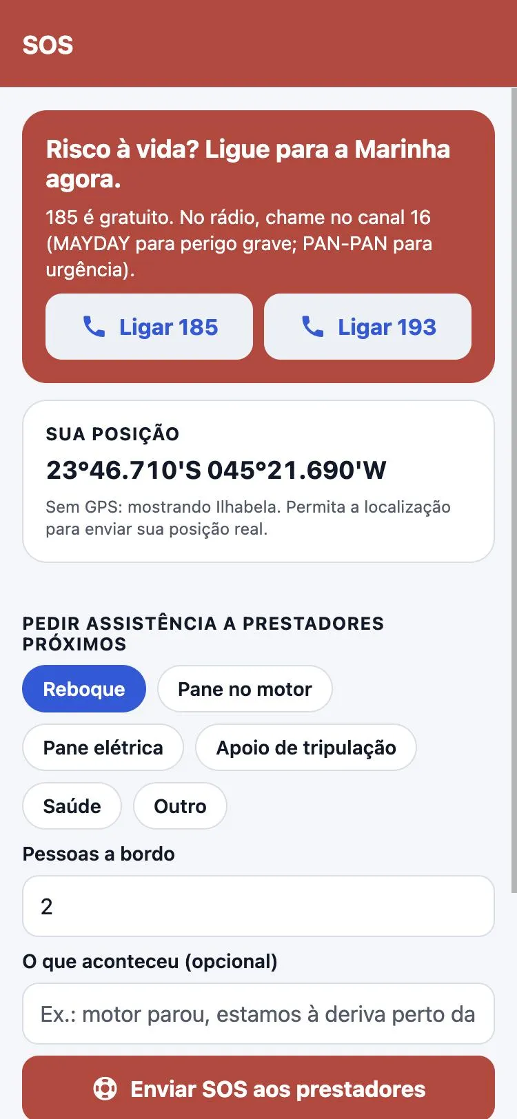 Tela SOS do app com botões para ligar 185 e 193